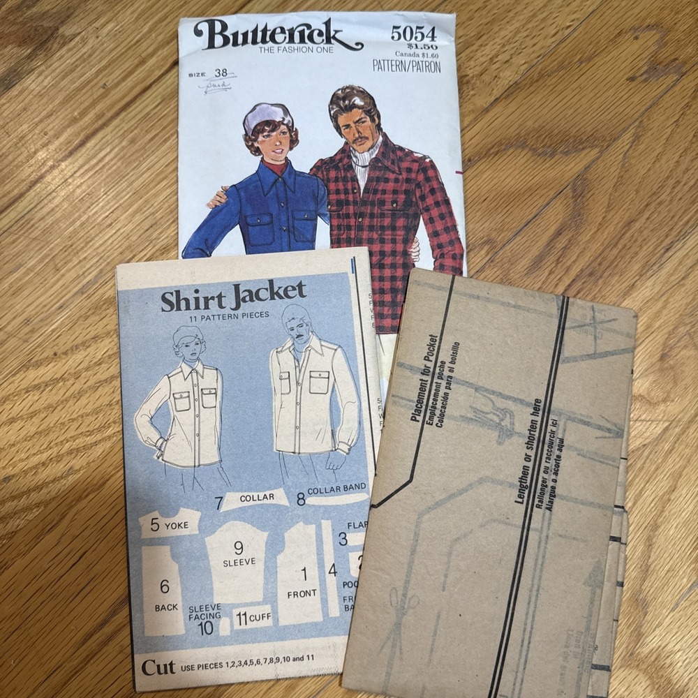 Vintage Mens Butterick 5054 Shirt Jacket Sewing Pattern Size‎ 38 Shacket Uncut